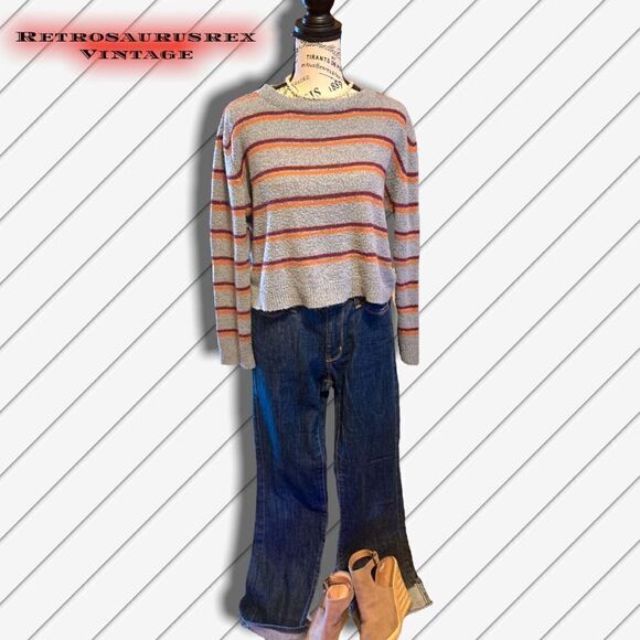 Emory Park Retro Fuzzy Grey Striped Pullover Lightweight Sweater, Medium - Picture 4 of 6